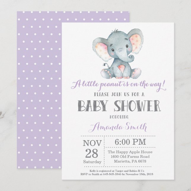 Invitación al elefante Baby Shower morado y gris (Anverso / Reverso)