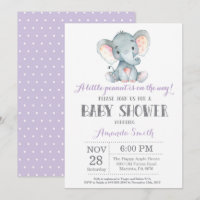 Invitación al elefante Baby Shower morado y gris