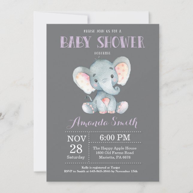 Invitación al elefante Baby Shower morado y gris (Anverso)