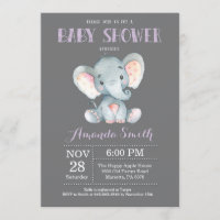 Invitación al elefante Baby Shower morado y gris
