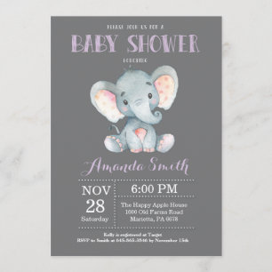 Invitación al elefante Baby Shower morado y gris