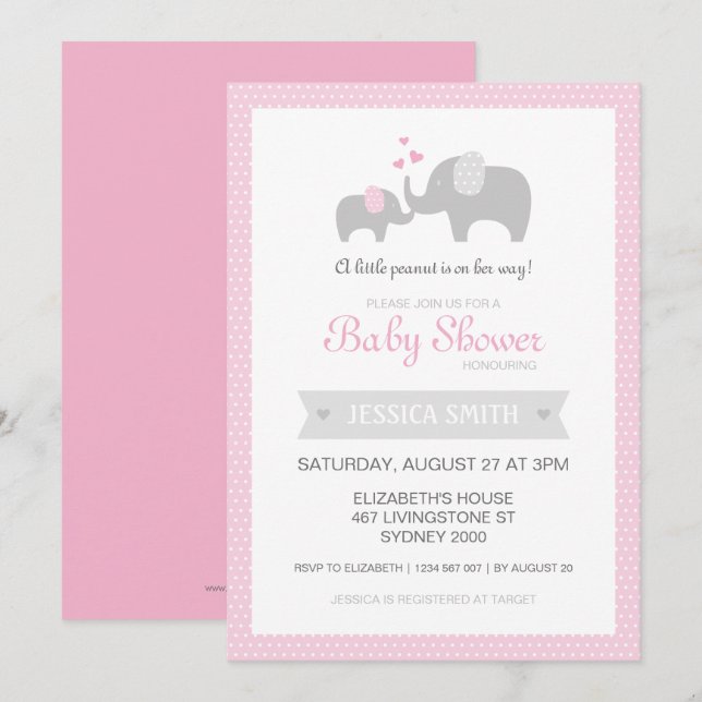 Invitación al elefante Baby Shower - Rosa (Anverso / Reverso)