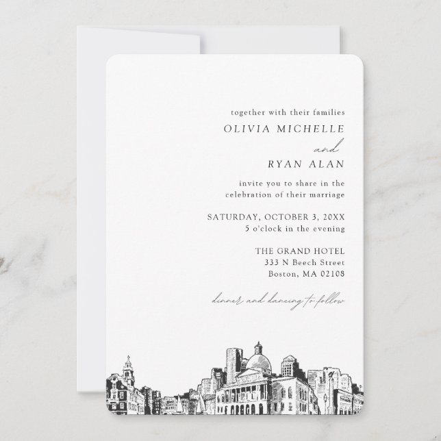 Invitación al elegante Skyline del Boda de Boston (Anverso)