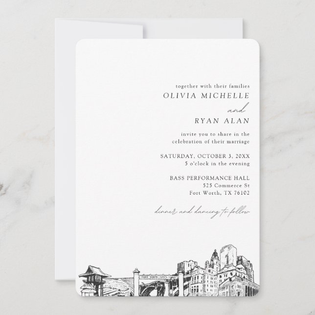 Invitación al esbozo de Fort Worth Boda Skyline (Anverso)