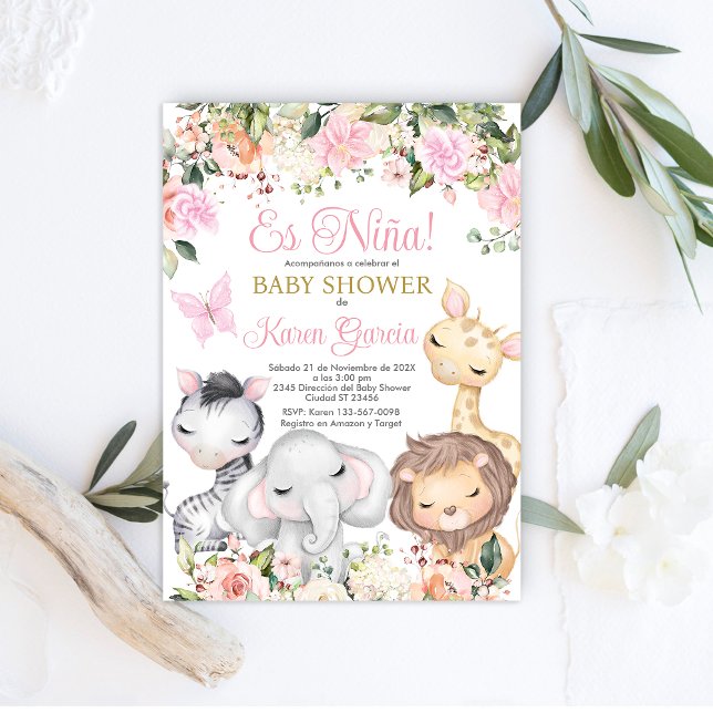 Invitación al español de Safari Baby Shower Chica (Subido por el creador)