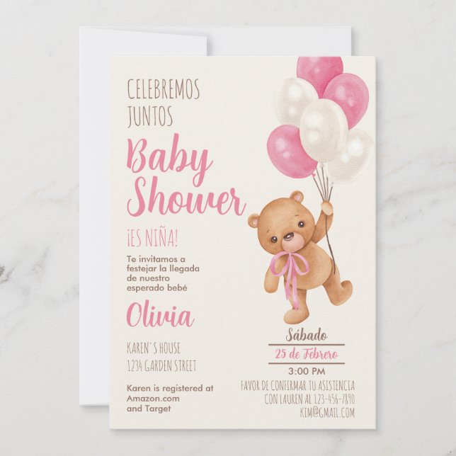 Invitación al español de Teddy Bear Baby Shower Ch (Anverso)