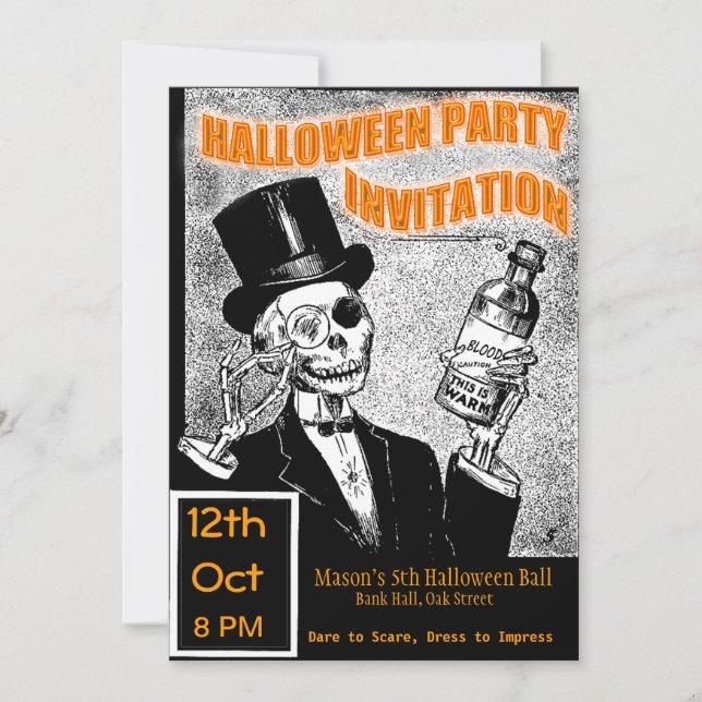Invitación al esqueleto de la fiesta de Halloween (Anverso)