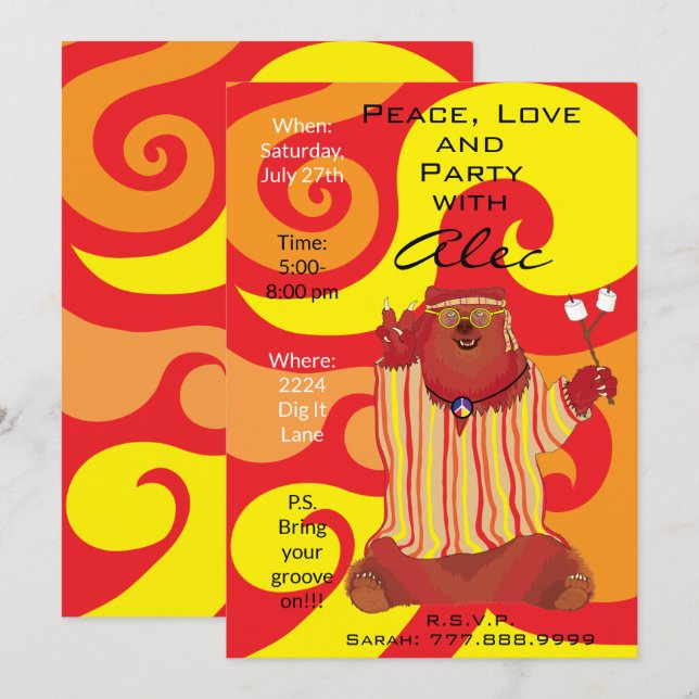 Invitación al estilo del Groovy Peace Bear de 1960 (Anverso / Reverso)