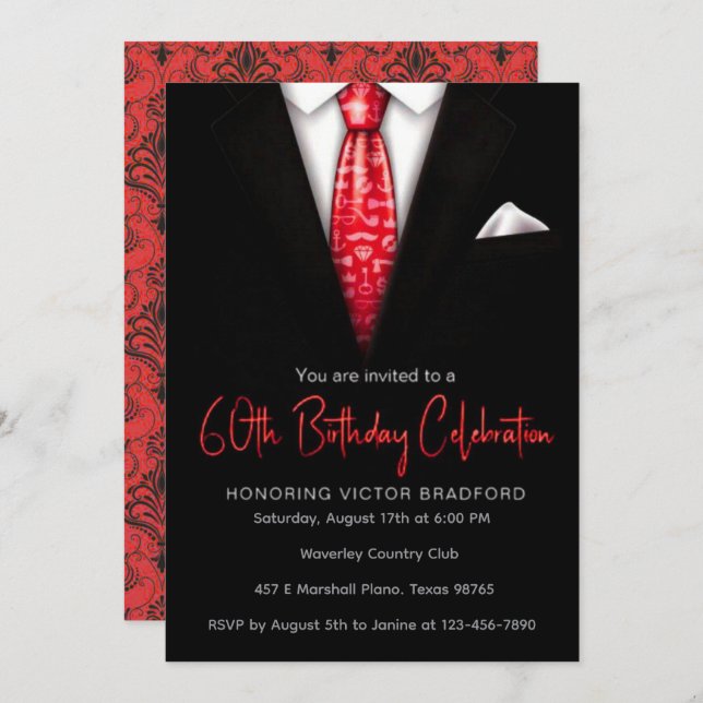 Invitación al evento de cumpleaños Black and Red T (Anverso / Reverso)