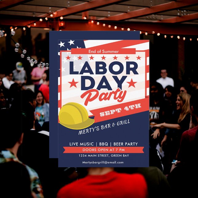 Invitación al evento de la fiesta del Día del Trab (Labor Day USA Flag Hard Hat Party Event Invitation)