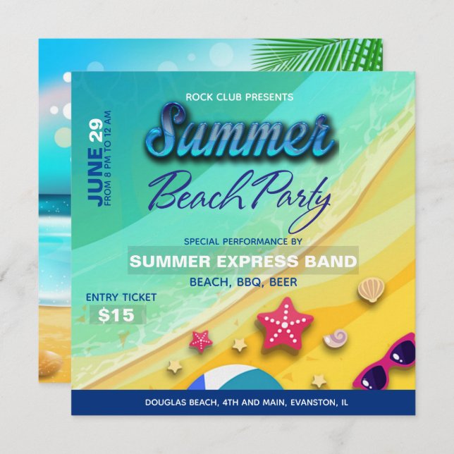 invitación al fiesta de playa de verano (Anverso / Reverso)