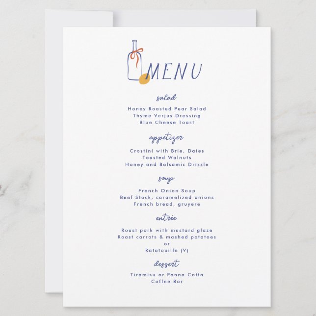 Invitación Al Fresco Wine Lemon Blue Cena Menú (Anverso)
