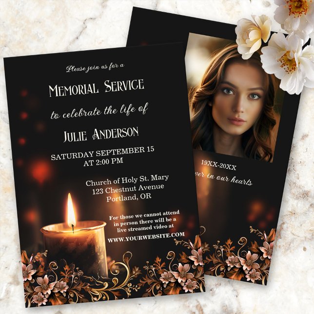 Invitación al funeral de Candle Photo (Memorial, funeral service or celebration of life invitation featuring a candle and flowers.)