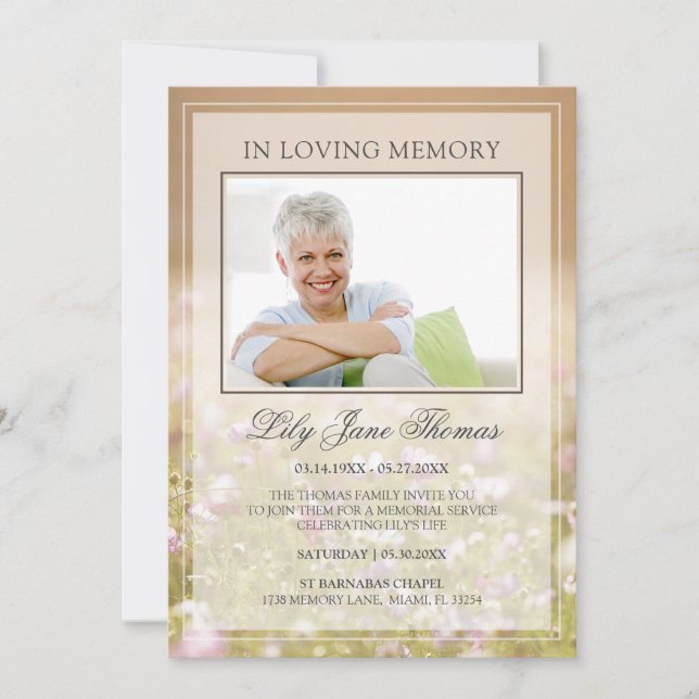 Invitación al funeral de Meadow| En la memoria amo (Anverso)
