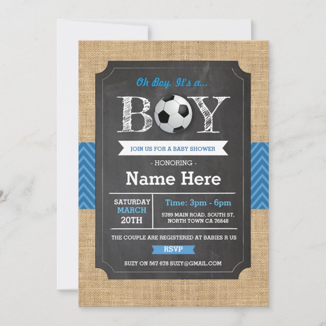 Invitación al fútbol Baby Shower de Soccer Blue Bo (Anverso)