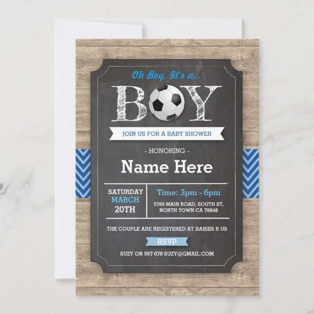Invitación al fútbol Baby Shower de Soccer Blue Bo (Anverso)