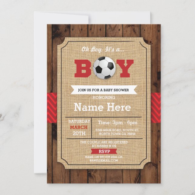 Invitación al fútbol de Fútbol Red Boy Baby Shower (Anverso)