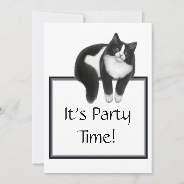 Invitación al gato de Tuxedo en tiempo Fiesta (Anverso)