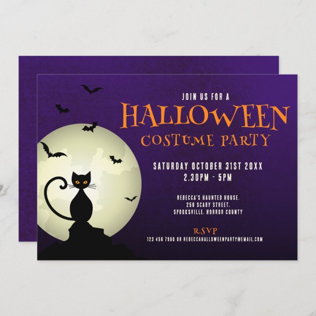 Invitación al gato negro de la fiesta de Halloween (Anverso / Reverso)