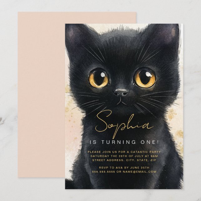 Invitación al gato negro de primer cumpleaños (Anverso / Reverso)
