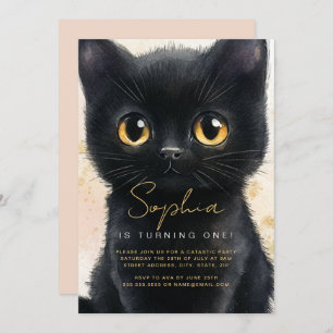 Invitación al gato negro de primer cumpleaños