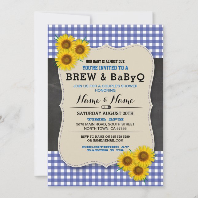 Invitación al girasol azul Baby Shower Brew and BA (Anverso)