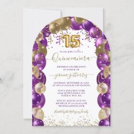 Invitación al globo Quinceañera de oro morado
