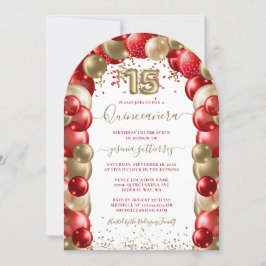 Invitación al globo Quinceañera de oro rojo