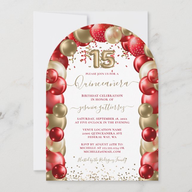 Invitación al globo Quinceañera de oro rojo (Anverso)