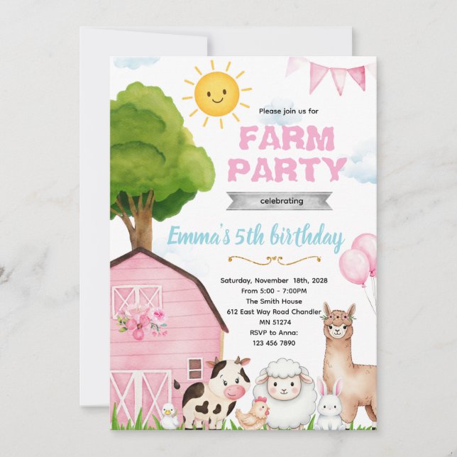 Invitación al granero de granja rosa linda (Anverso)