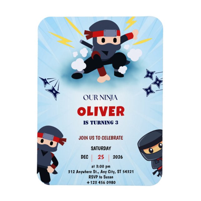 Invitación al imán de cumpleaños de los niños Ninj (Vertical)