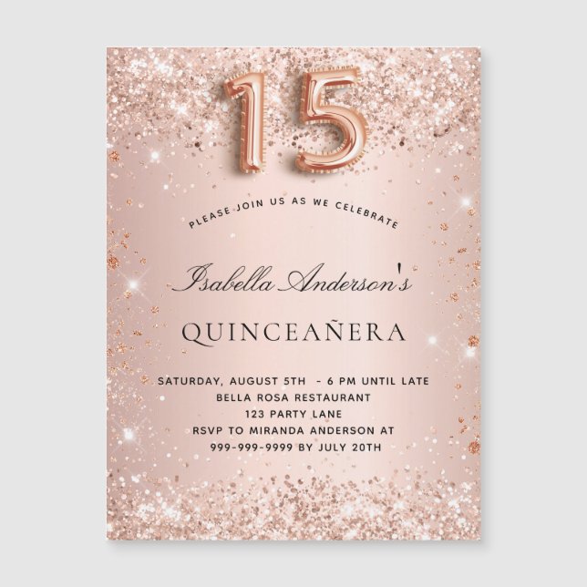 Invitación al imán del purpurina de oro rosa Quinc (Anverso)