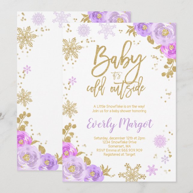 Invitación al invierno Baby Shower Morado Y Oro (Anverso / Reverso)