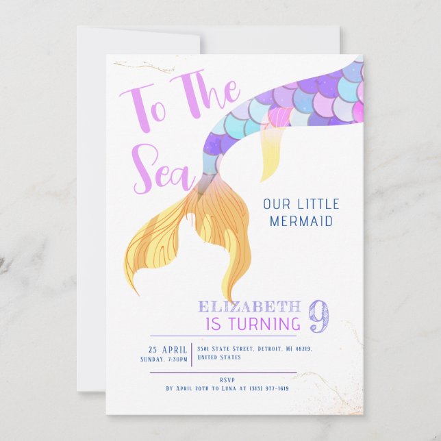 Invitación Al Mar Pequeña Fiesta de Cumpleaños De Sirenita (Anverso)