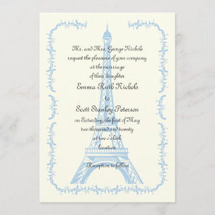 Invitación al marfil de la Torre Eiffel azul boda