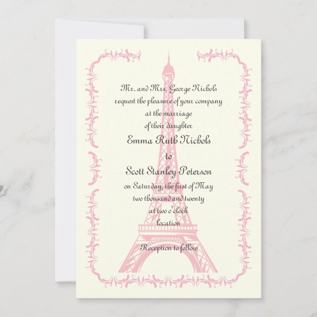 Invitación al marfil de la Torre Eiffel rosa boda  (Anverso)