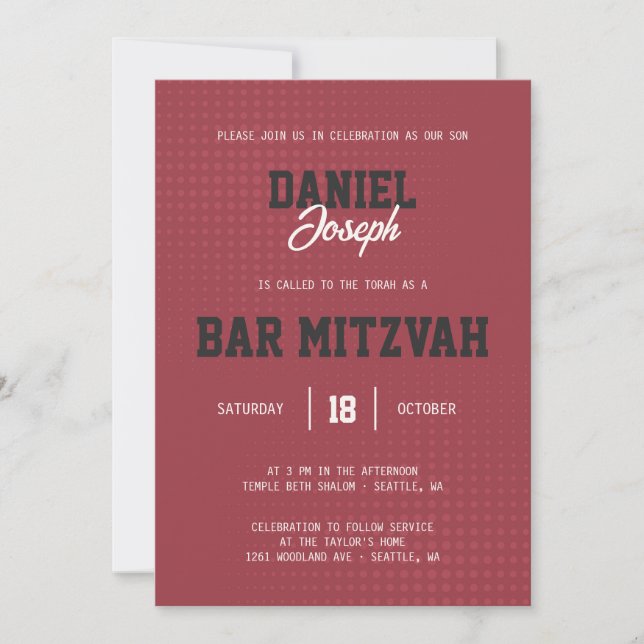 Invitación al maroon deportivo Dots Bar Mitzvah (Anverso)