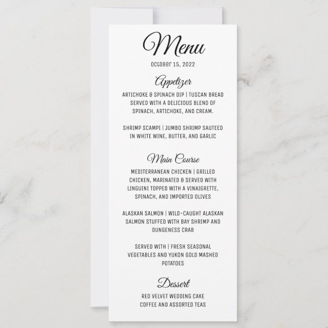 Invitación al menú Boda minimalista (Anverso)
