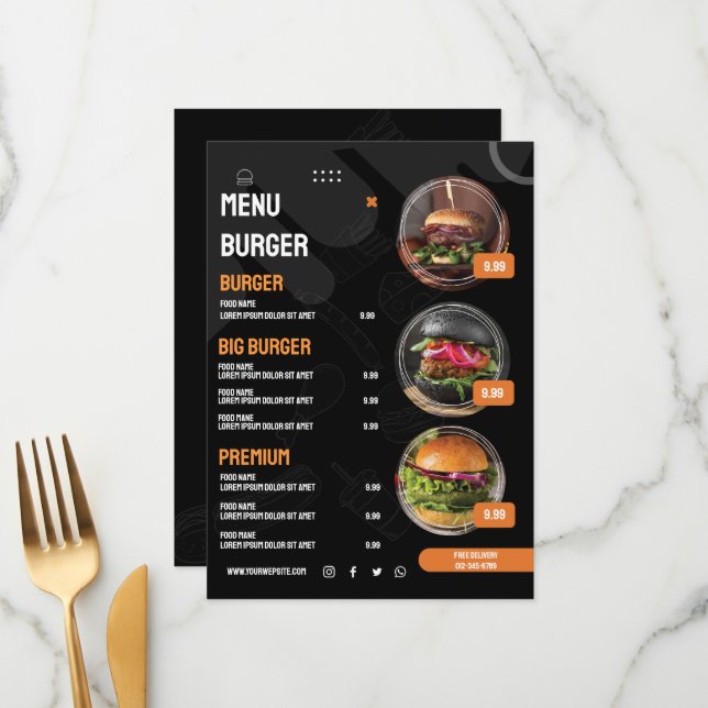 Invitación al menú del restaurante de hamburguesas (Anverso/Reverso In Situ)
