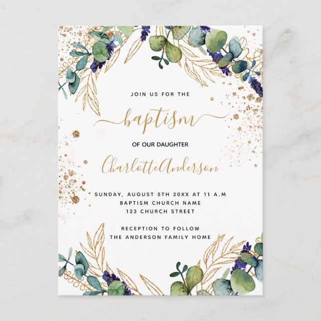 Invitación al oro del bautismo eucalipto verde (Anverso)