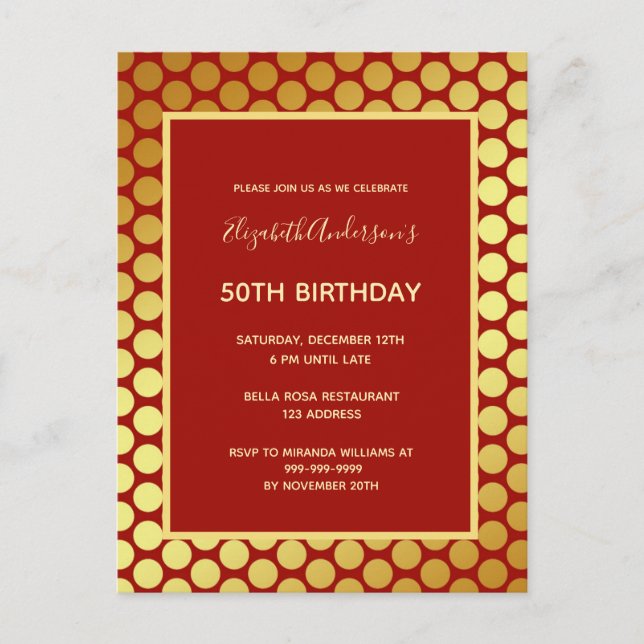 Invitación al oro rojo de la fiesta de cumpleaños (Anverso)