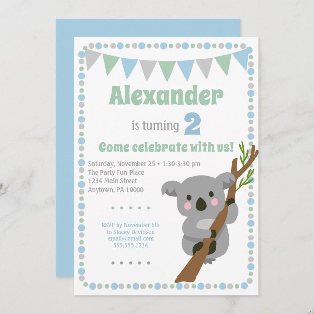 Invitación al oso Koala fiesta de cumpleaños de ch (Anverso / Reverso)
