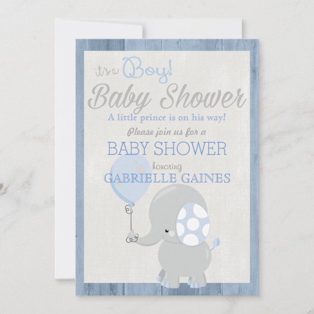 Invitación al país de Blue Elephant Boy Baby Showe (Anverso)