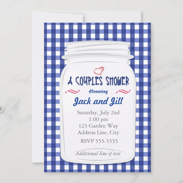 Invitación al país de Blue Gingham Mason Jar Showe (Anverso)