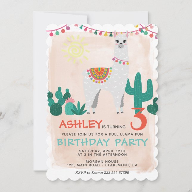 Invitación al partido de cumpleaños Llama (Anverso)