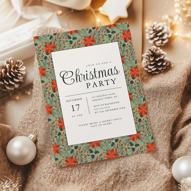 Invitación al partido de los Navidades de la Poins (Poinsettia Season Christmas Party invite sage green)