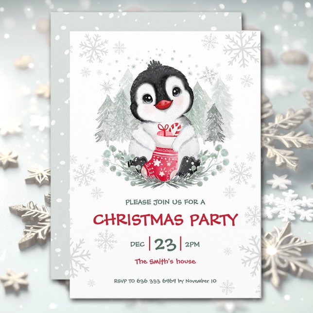 Invitación al partido de los Navidades de nieve pi (Cute Penguin Snow Christmas Party Invitation)