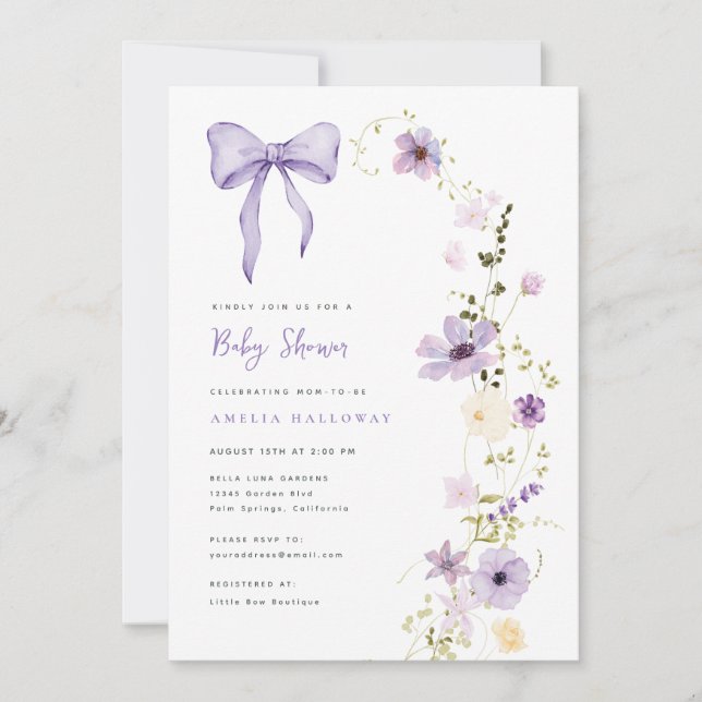 Invitación al partido Purple Baby Shower Wildflowe (Anverso)