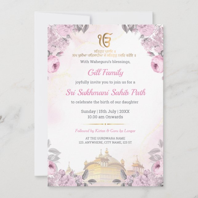 Invitación al Path del Sukhmani Sahib Floral Rosa (Anverso)