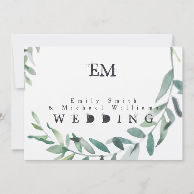 Invitación al periódico Kraft Boda de hojas verdes (Anverso)